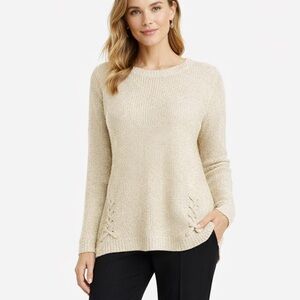 ANA Ivory Beige Gold Metallic Thread Lace-Up Knit Sweater PM Cozy Chic